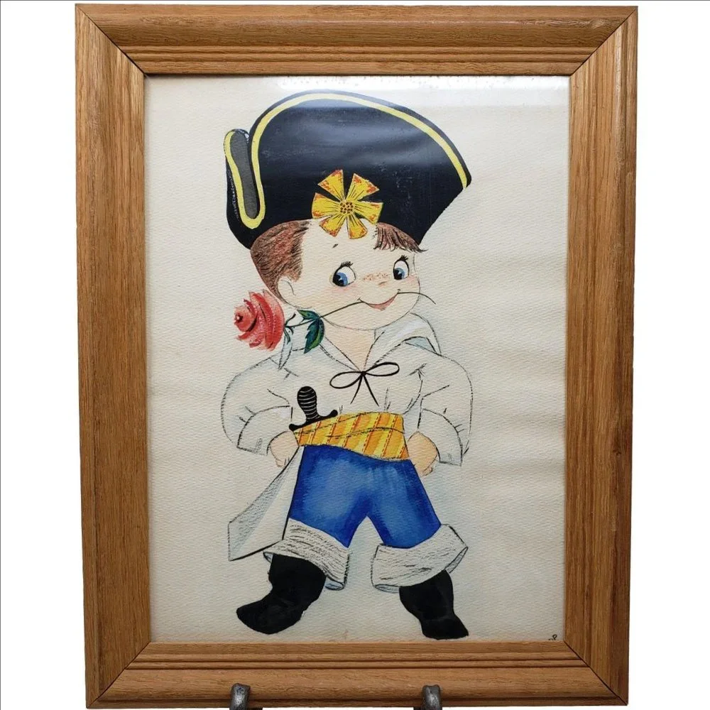 Vintage Child Art Paintings Pirate Astronaut Set Framed Watercolor Signed